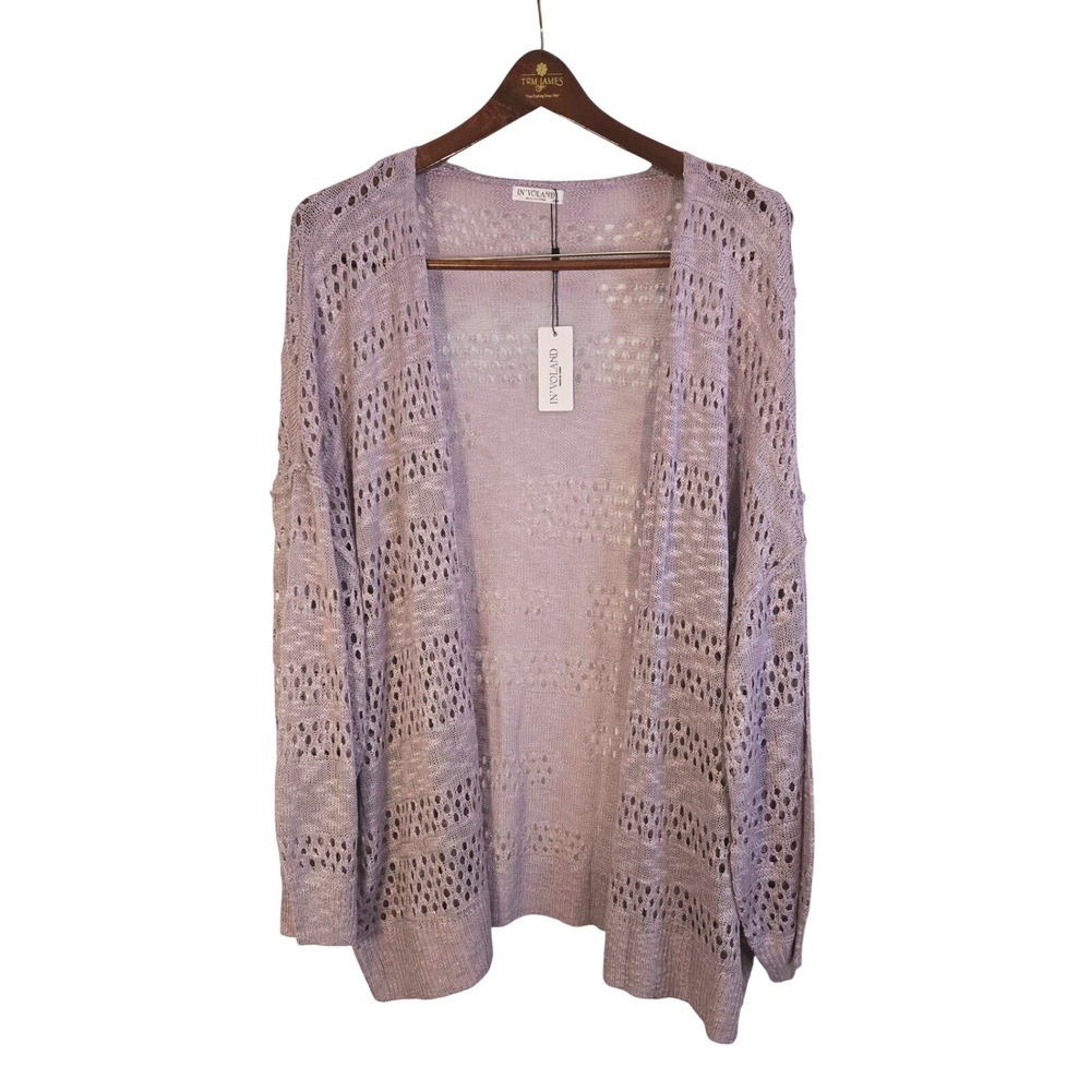 IN'VOLAND Women Plus Size 22W Lavender Purple Open Knit Crochet Cardigan Sweater